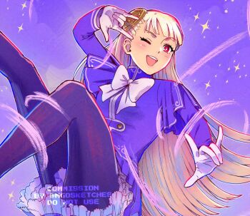 1girl artist_name capcom_fighting_allstars commentary commission english_commentary gloves hairpods ingrid_(capcom) long_hair looking_at_viewer mango_(mgosketches) one_eye_closed open_mouth pantyhose red_eyes skirt smile solo street_fighter street_fighter_6 teeth tongue twitter_username upper_teeth_only watermark white_gloves white_hair