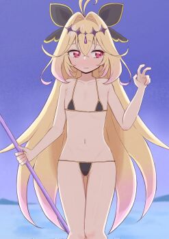 1girl ahoge antenna_hair arm_at_side averting_eyes bare_shoulders bikini black_bikini blonde_hair blue_sky blurry blurry_background blush bow circlet closed_mouth collarbone crossed_bangs double-parted_bangs embarrassed feet_out_of_frame flat_chest gluteal_fold gradient_hair groin hair_between_eyes hair_bow hair_intakes hair_ornament hand_up holding holding_staff holding_weapon kiki_ooba knees_together_feet_apart loli long_hair looking_to_the_side meitantei_precure! micro_bikini moria_luluka multicolored_hair navel nervous nose_blush ocean outdoors pink_eyes pink_hair precure red_eyes sidelocks sky solo staff standing stomach string_bikini swimsuit thigh_gap v very_long_hair water wavy_mouth weapon