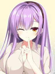 Rule 34 | 1girl, ;), asagi nanami, blush, breasts, brown hairband, brown shirt, cleavage, closed mouth, collared shirt, commentary request, dress shirt, eyelashes, hair between eyes, hair intakes, hairband, hand up, happy, highres, index finger raised, large breasts, limelight lemonade jam, long hair, looking at viewer, one eye closed, outline, purple hair, saen nayuka, shirt, short sleeves, sidelocks, simple background, smile, solo, split mouth, straight hair, upper body, white outline, yellow background, yellow eyes