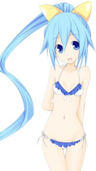 1girl arms_behind_back bikini blue_eyes blue_hair bow breasts choujigen_taisen_neptune_vs_sega_hard_girls collarbone compile_heart cowboy_shot frilled_bikini frills front-tie_top hair_bow hair_ornament hair_ribbon hand_on_own_arm idea_factory long_hair matching_hair/eyes neptune_(series) ribbon sega sega_hard_girls sega_hatsumi side-tie_bikini_bottom simple_background small_breasts smile solo swimsuit tapioka_(coconuts) very_long_hair white_background