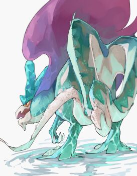blue_scales claws colored_sclera commentary_request from_behind full_body highres mane multiple_tails nintendo no_humans pokemon pokemon_(creature) pokemon_focus purple_hair red_eyes ripples sake_maguro solo standing tail walking_wake water white_background yellow_sclera