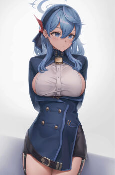 1girl ako_(blue_archive) arms_behind_back bell black_garter_straps black_skirt blue_archive blue_coat blue_eyes blue_hair blue_hairband blue_halo breasts buttons coat commentary cowboy_shot double-breasted earrings english_commentary garter_straps hairband halo jewelry large_breasts medium_hair neck_bell sideboob skirt solo stormstx white_background