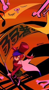 1girl absurdres black_shorts bone boots cape commentary_request eighth_note flag hat head_flag highres holding holding_flag jacket jakusha_no_machi jitome kasane_teto korean_commentary long_sleeves looking_at_viewer looking_up musical_note no_mouth orange_background red_eyes red_hair red_hat red_jacket shadow shako_cap short_hair shorts solo sompong_sae standing synthesizer_v utau