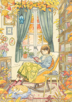 1girl absurdly_detailed_composition animal artist_name autumn autumn_leaves blanket blue_cardigan book bookshelf breasts brown_hair cardigan cat chair closed_mouth commentary_request cup curtains day floral_print flower food from_side full_body hair_ornament hairclip hanasaki_taru hanging_light highres holding holding_book indoors leaf loaded_interior long_sleeves looking_at_object no_shoes on_chair open_book open_cardigan open_clothes original painting_(medium) pet picture_frame pile_of_books pink_flower pink_rose pink_socks plant plate potted_plant pudding reading rocking_chair rose rug short_hair signature sitting sleeping_animal slice_of_life smile socks solo sweater table traditional_media vase vines watercolor_(medium) white_sweater window windowsill wooden_floor
