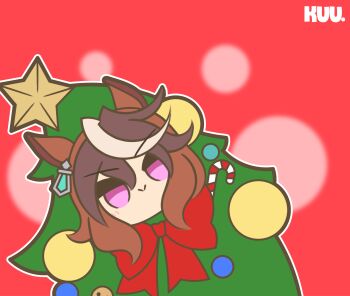 1girl animal_ears animated animated_gif bow brown_hair candy candy_cane christmas_ornaments christmas_tree christmas_tree_costume closed_mouth commentary earrings english_commentary food gingerbread_man hair_between_eyes highres horse_ears horse_girl jewelry kuhl-notes long_hair looking_at_viewer multicolored_hair purple_eyes red_bow single_earring smile star_(symbol) streaked_hair swaying symboli_rudolf_(christmas_emperor_tree)_(umamusume) symboli_rudolf_(umamusume) tree_costume umamusume white_hair
