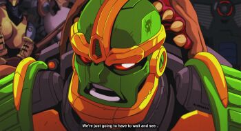 beast_wars blackarachnia breasts dmitry_grozov english_text fake_screenshot hasbro highres maximal mecha medium_breasts optimus_primal predacon rattrap red_eyes reference_work rhinox robot solo_focus subtitled teeth transformers