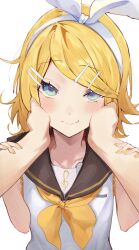 Rule 34 | 1girl, absurdres, aqua eyes, arm grab, bare arms, bare shoulders, black sailor collar, blonde hair, blush, bow, bow hairband, cheek squash, collarbone, flat chest, hair bow, hairband, hands on another&#039;s cheeks, hands on another&#039;s face, highres, inubangarou, kagamine rin, looking at viewer, neckerchief, pov, pov hands, sailor collar, shirt, skinny, sleeveless, sleeveless shirt, smile, solo, swept bangs, treble clef, vocaloid, wavy mouth, white bow, white hairband, yellow nails, yellow neckerchief