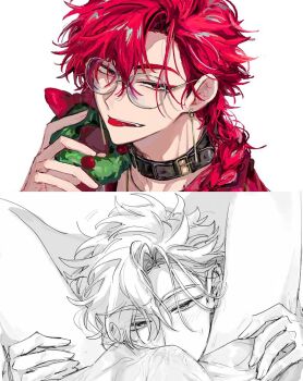 2boys black_collar blush bow braid braided_ponytail bulge christmas_wreath collar commentary_request earrings erection erection_under_clothes eyeliner fang fellatio glasses hair_between_eyes half-closed_eyes hands_on_another's_thighs holding holding_wreath jewelry licking long_hair looking_at_viewer makeup male_focus male_underwear messy_hair multiple_boys multiple_views necklace open_mouth oral out_of_frame panties partially_colored piercing red_bow red_eyeliner red_eyes red_hair round_eyewear shiguang_dailiren shirt simple_background single_braid smile solo_focus split_screen spread_legs sweat teeth thigh_grab tongue tongue_out tyoookozuki underwear white_background wreath xiao_weiying yaoi