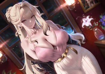 1girl absurdres bare_shoulders belt black_jacket blonde_hair breasts brown_eyes camisole cleavage commentary genkung has_bad_revision has_downscaled_revision highres jacket large_breasts long_hair long_skirt looking_at_viewer md5_mismatch off_shoulder original pink_camisole resolution_mismatch skirt smile solo source_smaller white_skirt