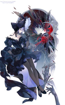 Rule 34 | 1girl, absurdres, black gloves, black hair, blood, blue bonnet, blue eyes, bonnet, breasts, broken glass, broken mirror, collarbone, commentary request, different reflection, disembodied hand, dress, fate/grand order, fate (series), flower, full body, fur-trimmed dress, fur trim, glass, glass shards, gloves, gothic lolita, high-low dress, highres, holding, kuonji alice, kuonji alice (third ascension), lolita fashion, looking at another, looking at flowers, looking at self, mahou tsukai no yoru, mirror, off-shoulder dress, off shoulder, orangemint623, pale skin, pantyhose, reflection, see-through clothes, see-through gloves, short hair, simple background, solo, solo focus, white background