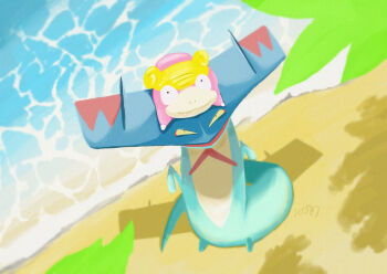 Rule 34 | animal focus, closed mouth, commentary request, day, drakloak, fangs, galarian form, galarian slowpoke, gen 8 pokemon, highres, leaf, nintendo, no humans, nostrils, on head, open mouth, outdoors, pokemon, pokemon (creature), pokemon focus, pokemon on head, shadow, shore, signature, smile, water, yoshida ame