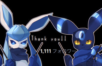 :3 alternate_color animal_focus bandana bandana_around_neck between_fingers black_background black_eyes blue_bandana blue_eyes blue_hair blue_scarf blue_sclera chromatic_aberration closed_mouth clothed_pokemon colored_sclera english_text expressionless facial_mark food forehead_mark gen_2_pokemon gen_4_pokemon glaceon hands_up happy highres holding holding_food holding_pocky iogi_(iogi_k) japanese_text long_hair milestone_celebration mixed-language_text nintendo no_humans outline pocky pokemon pokemon_(creature) scarf shiny_pokemon sidelocks simple_background smile symmetry umbreon upper_body white_outline yellow_sclera