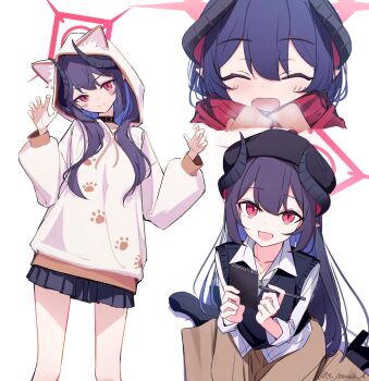 1girl animal_hands animal_hood beret black_boots black_choker black_hat black_horns black_skirt black_vest blue_archive blush boots brown_pants cat_hood cat_paws chiaki_(blue_archive) choker closed_eyes closed_mouth collarbone collared_shirt commentary_request contrapposto demon_horns facing_viewer hair_between_eyes hands_up hat high_heel_boots high_heels highres holding holding_notebook holding_pen hood hoodie horns long_hair long_sleeves looking_at_viewer multiple_views notebook open_mouth pants pen pleated_skirt print_hoodie red_eyes red_scarf s_panda_k scarf shirt simple_background sitting skirt slit_pupils standing steam twitter_username upper_body vest wariza white_background white_hoodie white_shirt