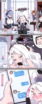 absurdres ako_(blue_archive) armband banner bell belt black_belt black_coat black_gloves black_hair black_halo black_horns black_ribbon black_skirt black_socks blue_archive blue_coat blue_hair blue_hairband blue_halo blush breasts brown_hair buttons cellphone chair chinatsu_(blue_archive) closed_eyes coat computer cowbell cup dark_skin demon_horns demon_tail demon_wings doodle_sensei_(blue_archive) energy_bar feathered_coat garter_straps gehenna_academy_logo glasses gloves grey_hair hair_ornament hairband halo hard_hat head_steam helmet highres hina_(blue_archive) holding holding_paper holding_phone holding_saucer horns ink_stamp labor_party_member_(blue_archive) laptop long_hair low_twintails multicolored_horns nekoya_(liu) paper paper_stack paperwork pen phone phone_on_face pink_halo purple_eyes red_gloves red_halo red_socks reflection ribbon saucer sensei_(blue_archive) shirt short_hair sideboob sitting skirt smartphone smile socks speech_bubble tail talking_on_phone text_messaging thought_bubble translated twintails two-tone_horns white_hair white_shirt window wings yellow_eyes