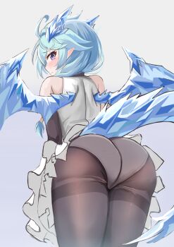 Rule 34 | 1girl, absurdres, ahoge, ass, bare shoulders, black gloves, black pantyhose, blue hair, blue horns, blue wings, blush, braid, craig (2980ct), crystal horns, crystal tail, crystal wings, dragon horns, dragon tail, dragon wings, from behind, gloves, hair over shoulder, highres, horns, long hair, looking back, panties, panties under pantyhose, pantyhose, pointy ears, princess connect!, purple eyes, sheffy (princess connect!), shirt, skirt, slit pupils, solo, tail, thighband pantyhose, thighs, underwear, white shirt, white skirt, wings