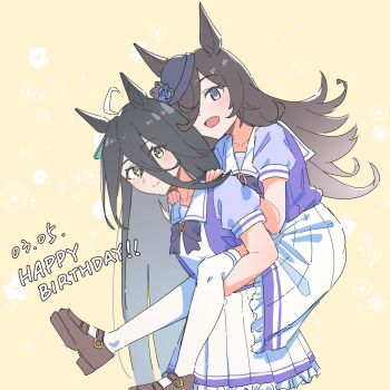 Rule 34 | 2girls, :d, ahoge, animal ear piercing, animal ears, birthday connection, black hair, blue flower, blush, bow, bowtie, brown hair, brown shoes, carrying, carrying person, closed mouth, collarbone, commentary, cowboy shot, dated, dress, english commentary, english text, floral background, flower, frills, from side, full body, hair between eyes, hair flowing over, hair over one eye, hands on another's shoulders, happy birthday, hat, hat flower, highres, horse ears, horse girl, loafers, long hair, long hair between eyes, looking at viewer, manhattan cafe (umamusume), mini hat, missing tail, multicolored hair, multiple girls, open mouth, piggyback, pleated skirt, purple bow, purple bowtie, purple eyes, purple hat, purple shirt, rice shower (umamusume), sailor collar, school uniform, shirt, shoes, short sleeves, skirt, smile, standing, streaked hair, summer uniform, thighhighs, tilted headwear, tracen school uniform, umamusume, upper body, very long hair, white dress, white hair, white sailor collar, white skirt, white thighhighs, yellow background, yellow eyes, yirga