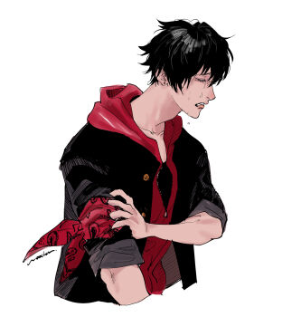 Rule 34 | 1boy, bandana, bandana around arm, black hair, black jacket, black shirt, blush, choppy bangs, closed eyes, collarbone, cropped torso, crying, from side, frown, furrowed brow, hair between eyes, hatching (texture), highres, holding own arm, hood, hood down, hoodie, hypnosis mic, jacket, jacket over hoodie, linear hatching, male focus, nose blush, parted lips, partially unzipped, profile, raised inner eyebrows, red bandana, red hoodie, sad, shirt, short hair, signature, simple background, sleeves rolled up, solo, tears, very short hair, white background, woochan hp, yamada ichiro, yamada ichiro (tdd era)