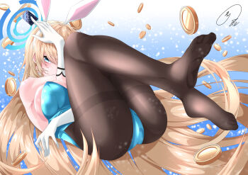 1girl absurdres animal_ear_hairband animal_ears ass asuna_(blue_archive) asuna_(bunny)_(blue_archive) bare_shoulders black_pantyhose blonde_hair blue_archive blue_background blue_eyes blue_halo blue_leotard blush breasts card closed_mouth coin commentary fake_animal_ears feet floating_hair full_body glint gloves hair_between_eyes hairband halo highleg highleg_leotard highres holding holding_card knees_together_feet_apart large_breasts legs leotard long_hair looking_at_viewer lying maximum7010 no_shoes official_alternate_costume on_back pantyhose playboy_bunny rabbit_ears signature simple_background smile soles solo strapless strapless_leotard thighband_pantyhose thighs toes very_long_hair white_gloves white_hairband