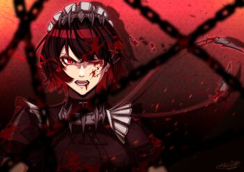 1girl absurdres artist_name black_dress black_hair blood blood_from_mouth blood_in_hair blood_on_face breasts collar dress ellen_joe highres large_breasts maid_headdress multicolored_hair one_eye_closed puffy_short_sleeves puffy_sleeves quaint_uplet red_eyes red_hair short_hair short_sleeves signature solo spiked_collar spikes zenless_zone_zero