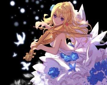 Rule 34 | 1girl, backless dress, backless outfit, black background, blonde hair, blue flower, bow (music), breasts, bridal veil, bug, butterfly, closed mouth, commentary request, dress, dress flower, earrings, flower, hair between eyes, hair flower, hair ornament, head rest, holding, holding bow (music), holding instrument, holding violin, insect, instrument, jewelry, long hair, looking at viewer, medium breasts, miyazono kawori, purple eyes, seedmyth, shigatsu wa kimi no uso, smile, solo, star (symbol), star earrings, veil, violin, wedding dress, white dress