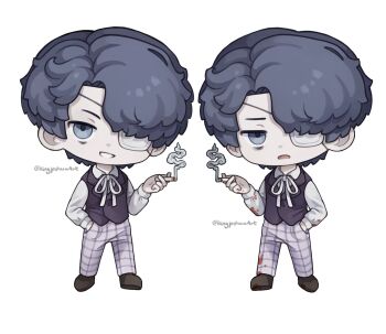 1boy artist_name black_hair black_vest blood blood_on_clothes brown_shoes chibi chibi_only cigarette collared_shirt commentary daan_(fear_&amp;_hunger) eyepatch fear_&amp;_hunger_(series) fear_&amp;_hunger_2:_termina grin hand_in_pocket highres holding holding_cigarette kingjoshua long_sleeves looking_at_viewer male_focus medical_eyepatch merchandise_available multiple_views neck_ribbon open_mouth pants purple_pants ribbon shirt shoes simple_background smile smoking standing twitter_username vest white_background white_ribbon white_shirt