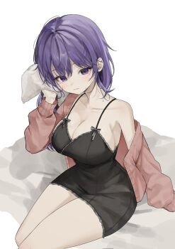 1girl armpit_peek asahina_mafuyu bed_sheet black_chemise blush breasts cardigan chemise cleavage closed_mouth collarbone drying frilled_chemise grey_ribbon hair_down hand_up hashtag-only_commentary highres holding kong_(namulkong) large_breasts long_hair long_sleeves looking_at_viewer off_shoulder on_bed open_cardigan open_clothes project_sekai purple_eyes purple_hair sideboob sidelocks simple_background single_bare_shoulder sitting sleeves_past_fingers sleeves_past_wrists solo spaghetti_strap thighs white_background