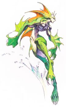 Rule 34 | 1boy, absurdres, bengus, claws, colored skin, darkstalkers, dorsal fin, fins, full body, game cg, green skin, head fins, highres, looking to the side, non-web source, official art, open mouth, painting (medium), rikuo (darkstalkers), simple background, solo, splashing, traditional media, watercolor (medium), webbed feet, webbed hands, white background