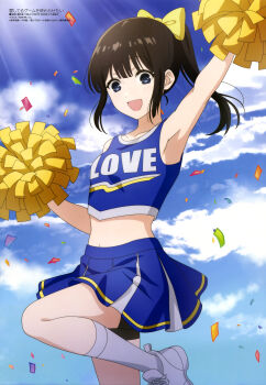 1girl :d absurdres aishiteru_game_wo_owarasetai anifar_inc. anime_coloring arm_up armpits artist_name bare_arms bare_shoulders bike_shorts black_hair black_shorts blue_eyes blue_skirt blue_sky bow cheerleader cloud cloudy_sky confetti copyright_name copyright_notice cowboy_shot crop_top day hair_bow highres holding holding_pom_poms knee_up kneehighs long_hair looking_at_viewer magazine_scan megami_magazine midriff miniskirt navel_peek official_art open_mouth outdoors pleated_skirt pom_pom_(cheerleading) pom_poms ponytail sakura_miku_(aishiteru_game_wo_owarasetai) scan shoes shorts sidelocks skirt sky sleeveless smile socks solo standing standing_on_one_leg sunlight third-party_source white_shoes white_socks yellow_bow