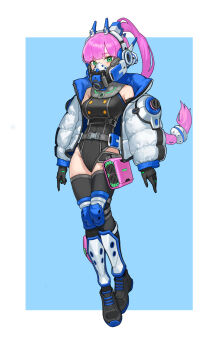 1girl absurdres arms_at_sides black_gloves black_leotard blue_background breasts down_jacket full_body gloves green_eyes headgear highres jacket leotard long_hair looking_at_viewer mask medium_breasts open_clothes open_jacket original ponytail purple_hair respirator shin_guards shoes sneakers thighhighs tm9090 two-tone_background very_long_hair white_background