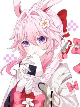 1girl animal_ears bow commentary_request eating evanescia_(honkai:_star_rail) eyeliner floral_print flower food hair_between_eyes hair_flower hair_ornament highres hitsuki_(ruon) holding holding_food honkai:_star_rail honkai_(series) japanese_clothes light_blush makeup onigiri pink_hair purple_eyes red_pupils sword weapon