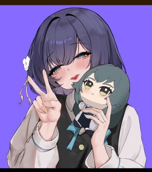 1girl absurdres black_vest blue_ribbon blush character_doll chibigurumi doll fingernails flower gakuen_idolmaster hair_flower hair_ornament hataya_misuzu hatsuboshi_gakuen_school_uniform head_tilt highres holding holding_doll idolmaster long_sleeves looking_at_viewer mole mole_under_mouth neck_ribbon purple_background purple_hair ribbon school_uniform shirt short_hair simple_background smile solo tongku_jue_jie tsukimura_temari upper_body v vest white_shirt