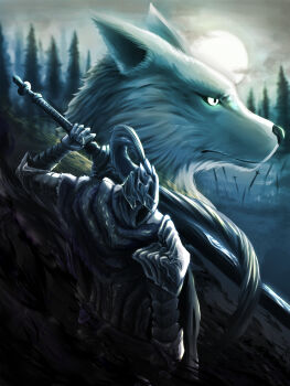 1boy armor artorias_the_abysswalker breastplate canned_monster dark_souls_(series) dark_souls_i full_armor gauntlets great_grey_wolf_sif helmet highres holding holding_sword holding_weapon impasto knight over_shoulder pauldrons shoulder_armor standing sword weapon wolf