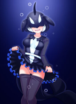 1girl absurdres air_bubble black_hair black_pantyhose black_pubic_hair blowhole blush breasts bubble cetacean_tail cleft_of_venus clothes_lift clothes_pull covered_eyes dolphin_girl dorsal_fin dress dress_lift facing_viewer female_pubic_hair fins fish_tail frilled_dress frilled_sleeves frills gluteal_fold groin hair_over_eyes head_fins highres kemono_friends kemono_friends_3 lifting_own_clothes long_sleeves medium_breasts meulahke multicolored_hair no_pupils nose_blush open_mouth orca_(kemono_friends) orca_girl pantyhose pantyhose_pull pubic_hair pussy short_hair smile solo sparse_pubic_hair tail two-tone_hair white_hair
