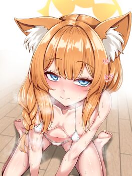 animal_ears areola_slip bikini blonde_hair blue_archive blue_eyes blush breasts cameltoe cat_ears commentary_request embarrassed halo highres indoors long_hair looking_at_viewer mari_(blue_archive) micro_bikini navel rebaria sitting small_breasts sweat swimsuit yellow_halo