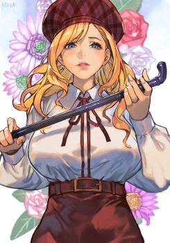 1girl blonde_hair blue_eyes breasts brown_hat character_request copyright_request cowboy_shot eyelashes flower hat holding holding_lead_pipe hungry_clicker large_breasts lead_pipe parted_lips shirt solo white_shirt