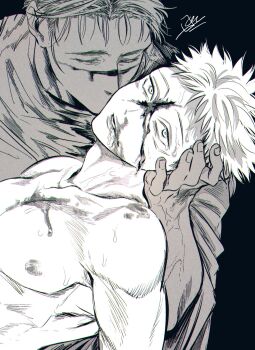 2boys absurdres black_background bleeding blood blood_from_mouth blood_on_chest blood_on_face brothers choso_(jujutsu_kaisen) closed_mouth commentary facial_mark greyscale highres itadori_yuuji jozpic jujutsu_kaisen kiss kissing_cheek looking_at_viewer male_focus monochrome multiple_boys nipples pectorals robe short_hair siblings signature simple_background symbol-only_commentary