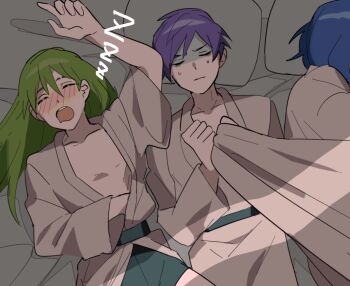 3boys annoyed arm_up bed_sheet blanket blue_hair blush chesed_(project_moon) clenched_hands closed_eyes closed_mouth cowboy_shot drooling gloom_(expression) green_hair green_male_underwear highres holding holding_blanket japanese_clothes jinbei_(clothes) kimono lobotomy_corporation long_hair lying male_focus male_underwear mouth_drool mu46016419 multiple_boys netzach_(project_moon) no_nipples on_back on_side open_clothes open_kimono open_mouth pillow project_moon purple_hair shared_blanket sleeping underwear white_kimono yesod_(project_moon) zzz