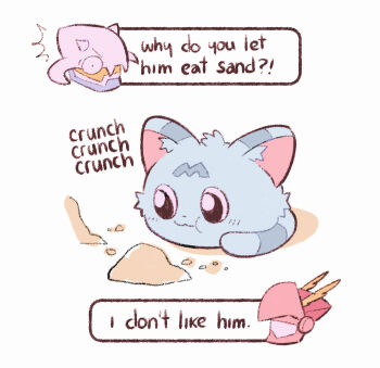 Rule 34 | blue fur, body fur, digimon, digipuri, dynasmon, eating, english text, helmet, hiragana digimon royal knights monogatari, lordknightmon, pink helmet, sand, simple background, solo focus, wanyamon, white background, white helmet