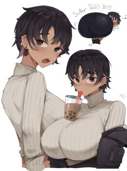 1girl ass black_eyes black_jacket black_shoes black_skirt bon_(vtuber) bubble_tea_challenge colored_inner_hair cup dark-skinned_female dark_skin drinking_straw earrings fang fish_skeleton_earrings gurenola highres indie_virtual_youtuber jacket jewelry motion_lines multicolored_hair musical_note open_mouth pink_hair ribbed_sweater shoes skirt sweater turtleneck turtleneck_sweater virtual_youtuber white_sweater
