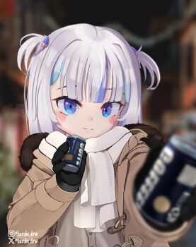 Rule 34 | 1girl, absurdres, alternate costume, black gloves, blue eyes, blue streaks, blush, brown jacket, can, closed mouth, commentary, english commentary, gawr gura, gloves, hair ornament, highres, holding, holding can, hololive, hololive english, jacket, kurohi drw, medium hair, multicolored hair, scarf, shark hair ornament, smile, solo, streaked hair, two side up, virtual youtuber, white hair, white scarf