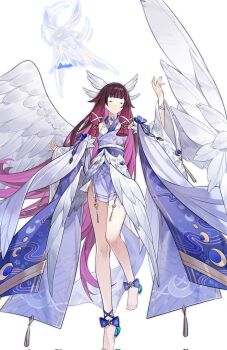 1girl alternate_costume ankle_bow ankle_ribbon arm_up barefoot black_hair blue_bow blue_bowtie bow bowtie closed_eyes closed_mouth coldeye columbina_(genshin_impact) commentary corrupted_twitter_file feathered_wings genshin_impact hair_ornament hand_up hashtag-only_commentary highres japanese_clothes kimono long_hair luonnotar_(genshin_impact) multicolored_hair obi oversized_wings purple_hair ribbon sash very_long_hair white_wings wing_hair_ornament wings