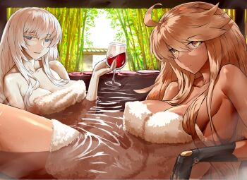 2girls ahoge alcohol alma_armas blonde_hair blue_eyes breasts character_request cleavage commission copyright_request cup cyborg dark-skinned_female dark_skin drinking_glass haraya_manawari large_breasts long_hair looking_at_viewer mechanical_hands multiple_girls naked_towel onsen pale_skin partially_submerged red_wine ringed_eyes thighs towel va-11_hall-a variant_set water white_hair wine wine_glass yellow_eyes