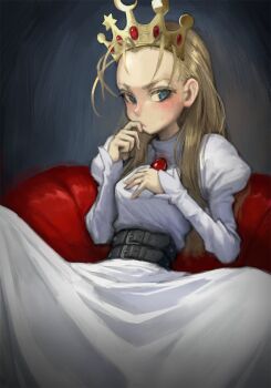 1girl blonde_hair blue_eyes commentary crown cyberbots devilot_de_deathsatan_ix dress english_commentary eu03 female_focus hand_on_own_chin jeweled_crown light_blush long_hair looking_to_the_side puffy_sleeves simple_background sitting spread_legs white_dress
