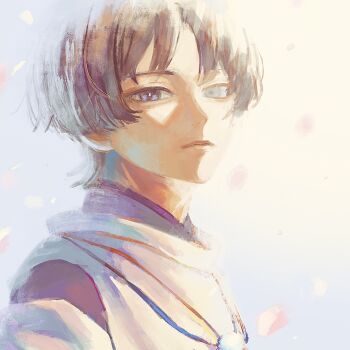 1boy blunt_ends blurry_eyes bright_pupils closed_mouth clothing_cutout eyeliner eyeshadow falling_petals genshin_impact grey_eyes grey_hair heterochromia highres japanese_clothes kariginu kimono layered_sleeves looking_at_viewer makeup male_focus outdoors petals pink_petals pom_pom_(clothes) portrait purple_eyes purple_kimono purple_sleeves red_eyeliner red_eyeshadow scaramouche_(genshin_impact) scaramouche_(kabukimono)_(genshin_impact) shihatsu_0 shoulder_cutout sidelighting solo string tsurime watercolor_effect white_pupils white_sleeves wispy_bangs