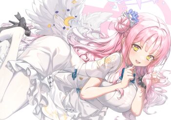 1girl angel_wings black_scrunchie black_shoes blue_archive blue_bow blush bow breasts capelet commentary dress feathered_wings flower footwear_bow hair_bun hair_flower hair_ornament hair_ribbon halo kinos_(kw00789) large_breasts long_hair looking_at_viewer low_wings mary_janes mika_(blue_archive) open_mouth pantyhose pink_hair pink_halo purple_flower ribbon scrunchie shoes simple_background single_side_bun smile solo teeth thighs trinity_general_school_logo white_background white_capelet white_dress white_pantyhose white_ribbon white_wings wings yellow_eyes