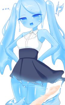 1girl absurdres blue_skin blue_skirt breasts collared_shirt colored_skin cowboy_shot hands_on_own_hips high-waist_skirt highres hikyou_takarasou medium_breasts monster_girl original pov pov_hands shirt skirt sleeveless sleeveless_shirt slime_girl slime_hair smile solo_focus tearing_clothes thigh_gap torn_clothes twintails white_shirt