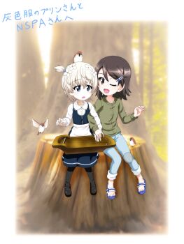 2girls bird blonde_hair blue_eyes blush brown_hair finnish_flag flower girls_und_panzer hair_flower hair_ornament hairclip highres holding_hands instrument kantele key_(gaigaigai123) looking_at_another mika_(girls_und_panzer) multiple_girls one_eye_closed open_mouth outdoors short_hair smile sparrow youko_(girls_und_panzer) yuri