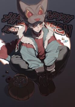 1boy black_boots black_pants blue_jacket boots brown_hat candy_wrapper closed_mouth gachiakuta hat highres jack-o&#039;-lantern jacket knees_up looking_at_viewer pants red_collart red_eyes red_shirt rudo_surebrec ruya098765 shirt sitting solo white_hair wolf_hat