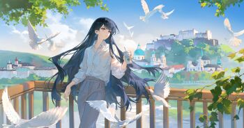 Rule 34 | 1girl, absurdres, against railing, artist request, austria, bang dream!, bang dream! it's mygo!!!!!, bird, black hair, breast pocket, closed mouth, collared shirt, commentary request, commission, cup, day, disposable cup, dove, dress shirt, earrings, german commentary, grey pants, highres, holding, holding cup, jewelry, long hair, mole, mole under eye, necklace, outdoors, pants, pocket, purple eyes, railing, real world location, second-party source, shiina taki, shirt, sky, solo, very long hair