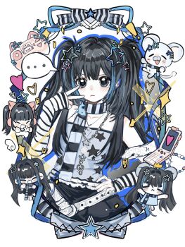 1girl :< artist_request bare_shoulders beads belt black_eyes black_hair black_skirt blue_ribbon blue_shirt blue_streaks bow cellphone chain chain_necklace chibi chibi_inset collarbone commentary_request commission cropped_legs flip_phone hair_between_eyes hair_ornament hand_on_own_hip hand_up heart highres jewelry long_hair mouse_(animal) multicolored_hair musical_note necklace persica_(gamer) phone real_life ribbon scarf second-party_source shirt sidelocks skirt snake sparkle speech_bubble star_(symbol) star_hair_ornament star_necklace star_print streaked_hair striped_arm_warmers striped_bow striped_clothes striped_scarf twintails v white_arm_warmers white_background white_belt y2k_fashion yabi_fashion